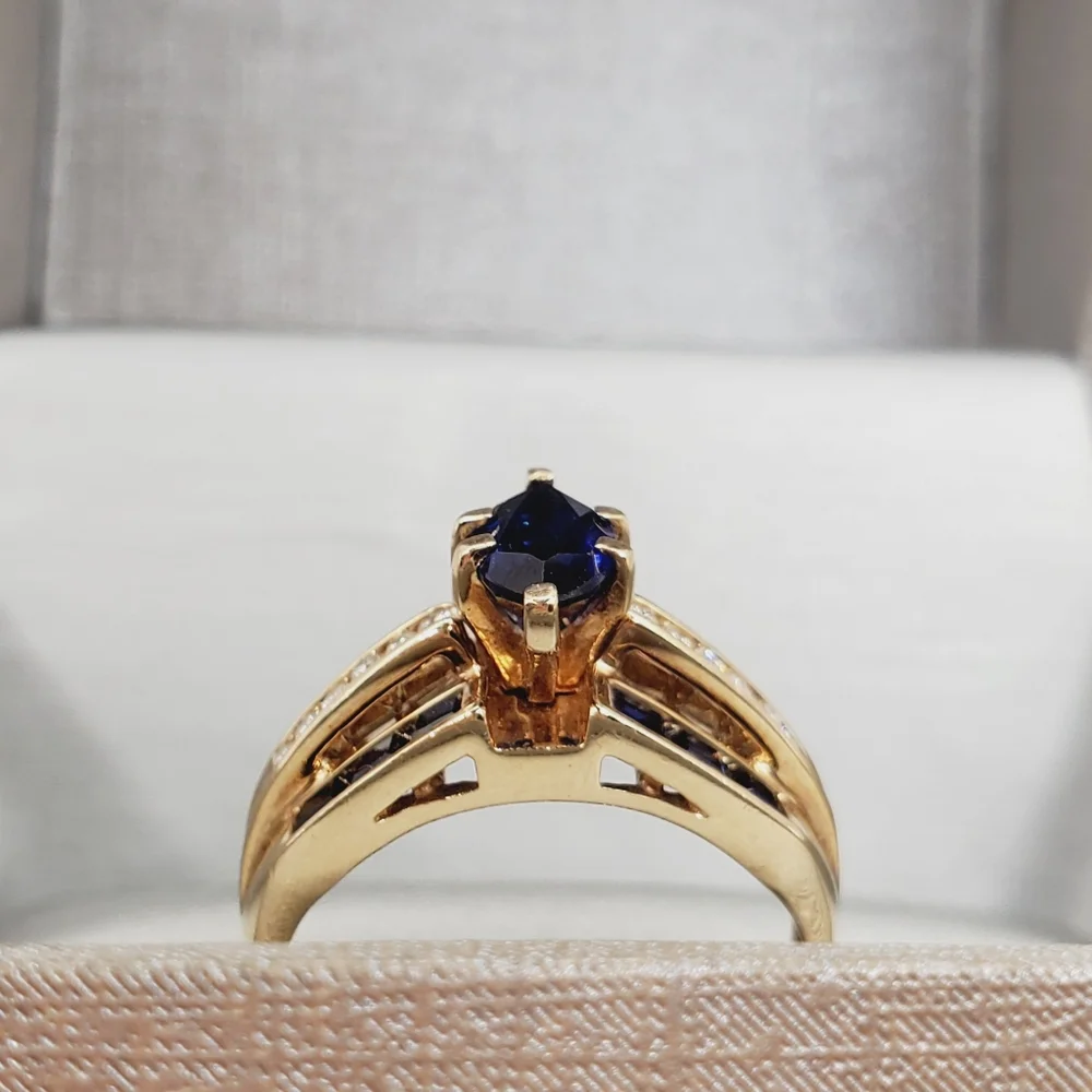 10k Solid Yellow Gold Genuine Marquise Blue Sapphire & Diamond Statement Ring